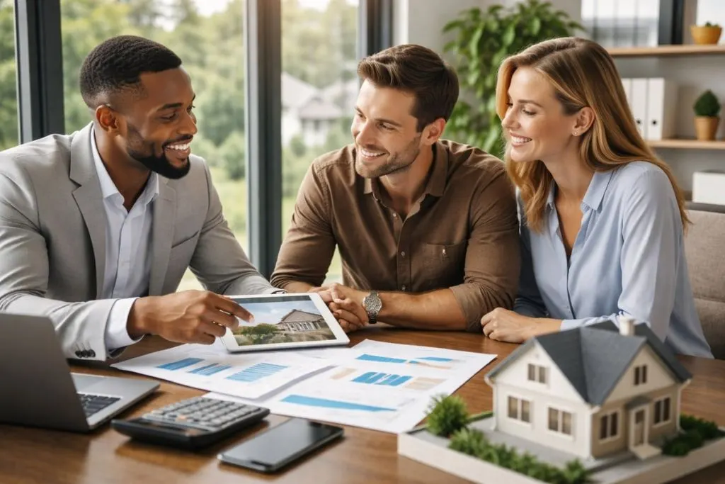 Real estate agent discussing property plans with a couple, showcasing a tablet and documents in a modern home office.