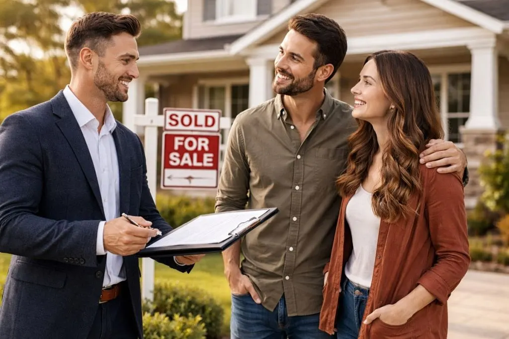 Real estate agent with a couple celebrating outside their newly sold home.