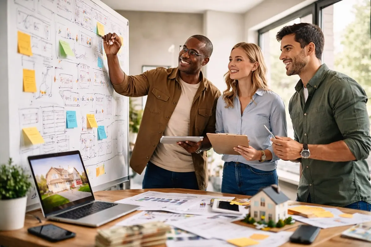 Three real estate professionals collaborating in an office, reviewing plans and brainstorming ideas.