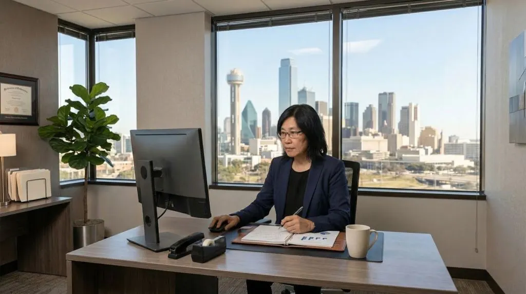 Gloria Lou in a Dallas real estate office discussing team systems and brokerage growth