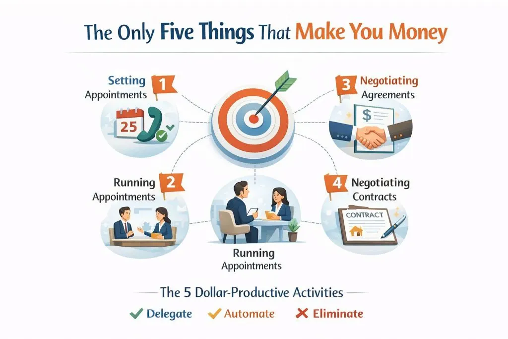 How to Survive a Down Real Estate Market by focusing on the five dollar productive activities that generate real estate income such as appointments and negotiations.