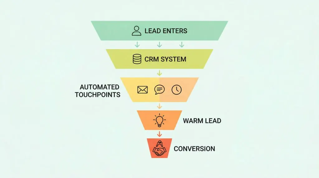 Infographic funnel showing real estate CRM strategies from lead entry to conversion with warm to hot progression