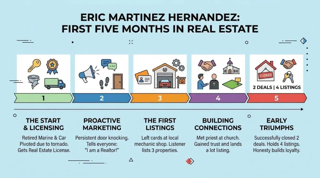 Infographic timeline of Eric Martinez Hernandez first five months in real estate from licensing to closing deals and listings