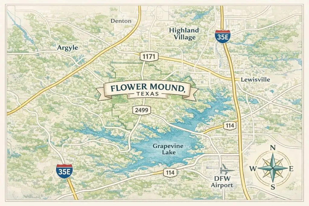 Map of Flower Mound Texas showing location within the DFW metroplex for local real estate context