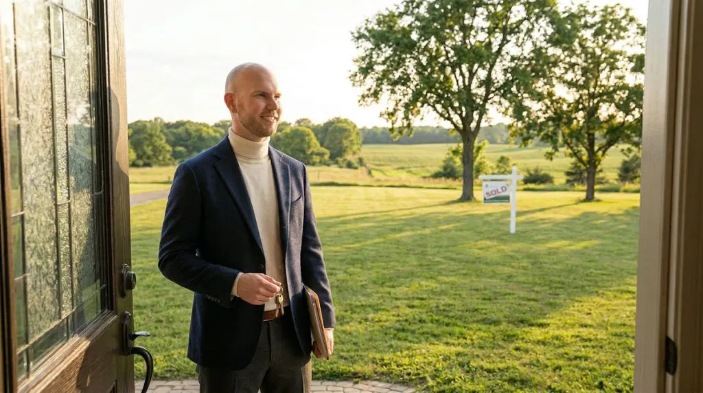 Young professional at doorway of rural property symbolizing first real estate deal opportunity and new beginnings