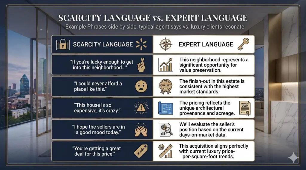 a comparison chart contrasting common scarcity-based phrases with high-level professional alternatives for the luxury market