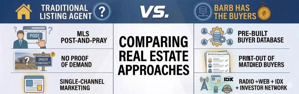 a comparison chart showing the traditional listing agent versus the Barb Has the Buyers system