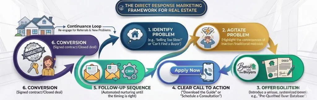 a flow chart diagram outlining the direct response marketing framework for real estate