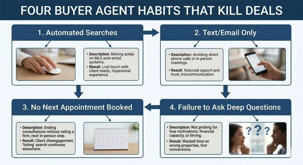 Framework diagram showing four common buyer agent mistakes that lose real estate deals