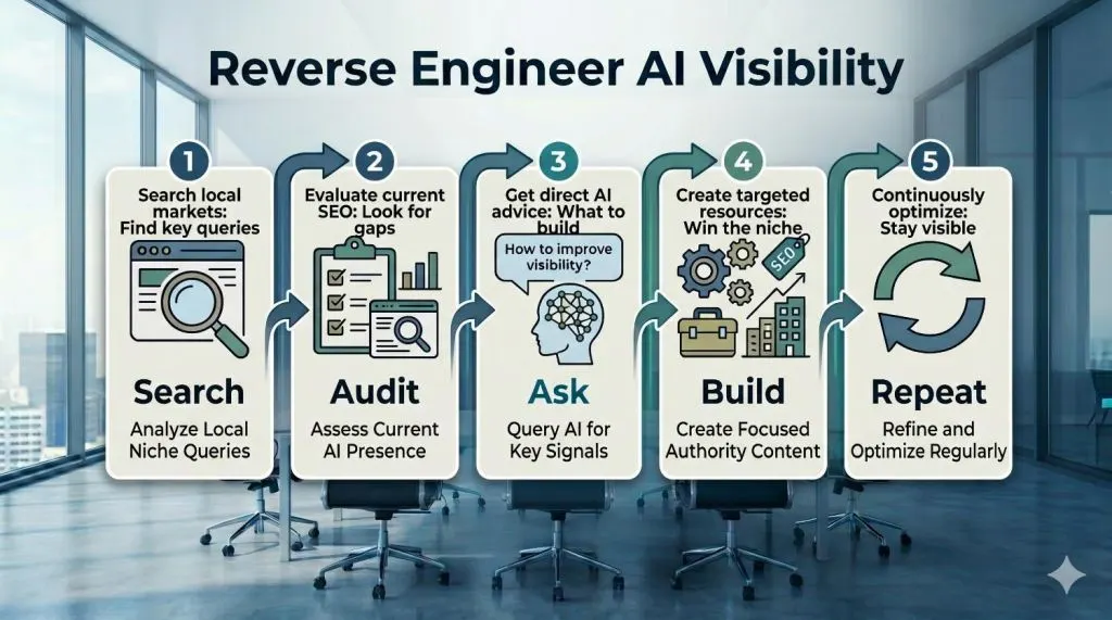 a 5-step framework diagram showing how to reverse engineer AI search visibility