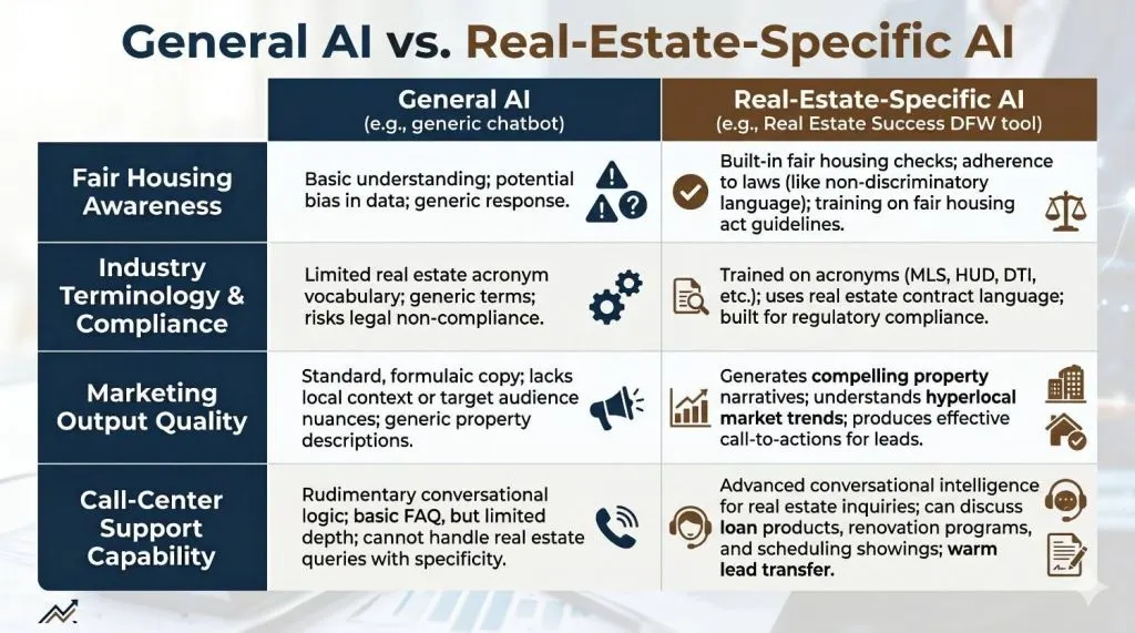 a detailed infographic chart comparing General AI and Real-Estate-Specific AI