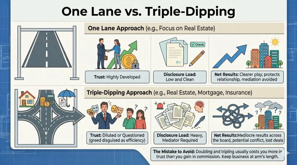 a framework diagram comparing a single-lane business focus with a triple-dipping approach across trust, disclosure load, and net results