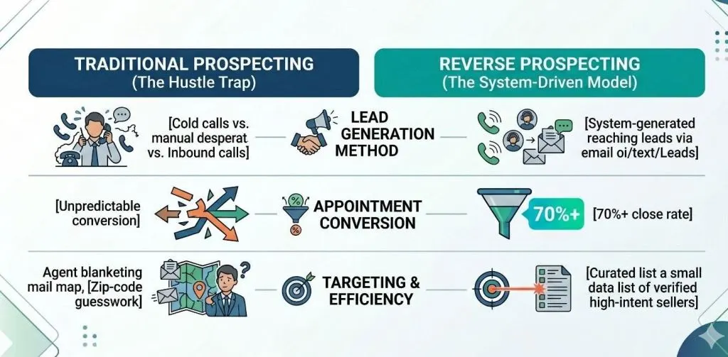 an infographic comparing traditional versus reverse real estate prospecting methods