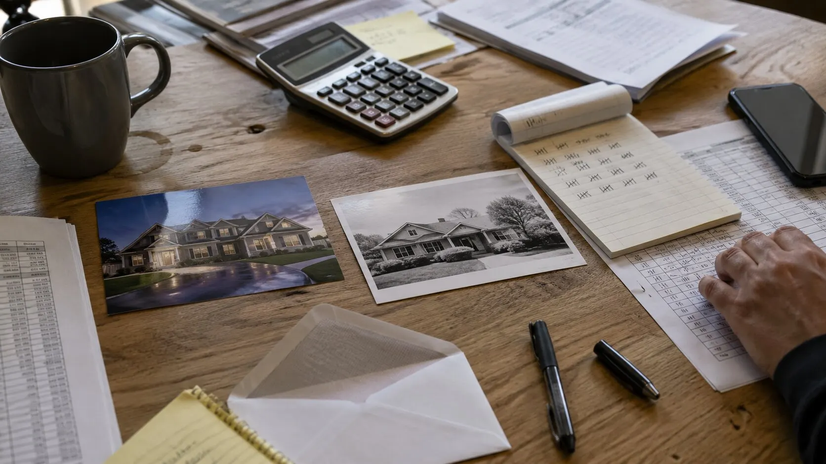 Feature image for Nathan Clark of The Nathan Clark Team showing real estate postcards, tracking sheets, a calculator, and business performance notes on a desk.