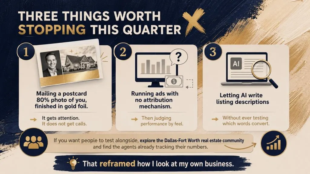 Infographic highlighting lessons from Nathan Clark of The Nathan Clark Team about ineffective postcards, untracked advertising, and untested AI-written listing descriptions.