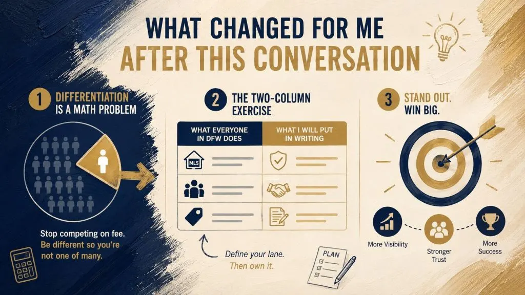 Infographic summarizing lessons from Nathan Clark of The Nathan Clark Team about business differentiation, written promises, stronger visibility, and building client trust.