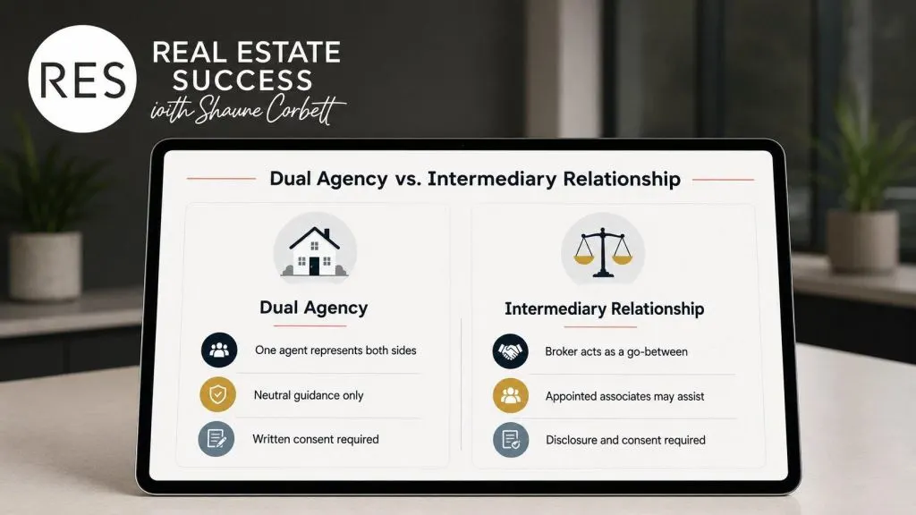 Comparison of dual agency and intermediary relationship rules in real estate.