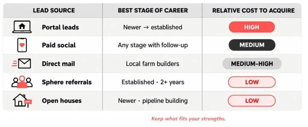 comparison of portal leads, paid social, direct mail, sphere referrals, and open houses by the best career stage and relative acquisition cost