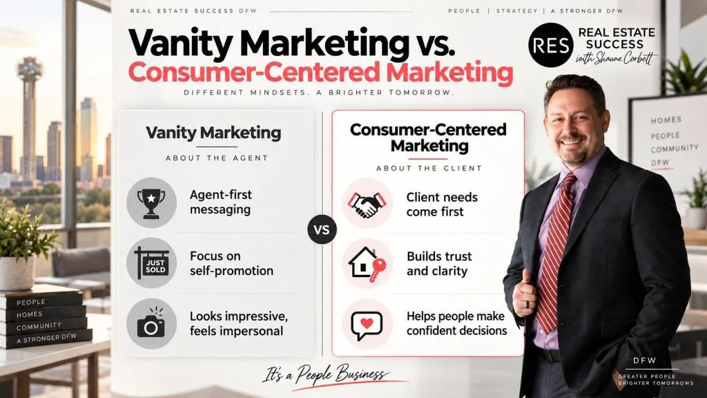 Comparison chart of vanity marketing versus consumer-centered real estate marketing