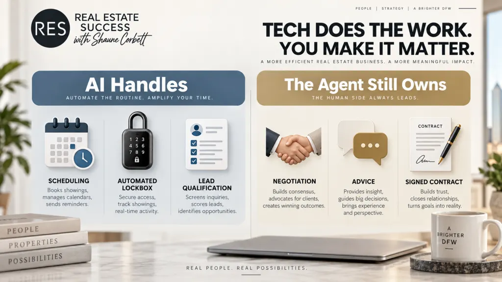 Infographic comparing tasks AI handles versus tasks the real estate agent still owns