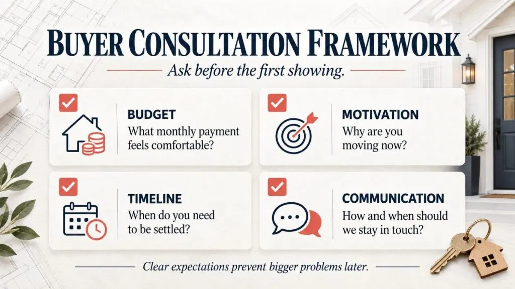 buyer consultation framework covering budget, motivation, timeline, and communication preferences before showing homes