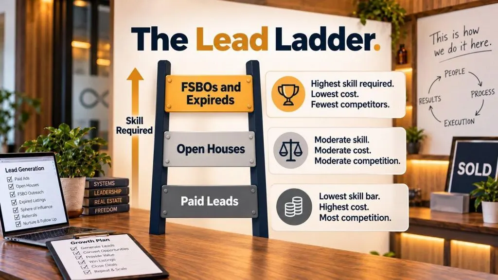 Real estate lead ladder comparing skill, cost, and competition by lead source