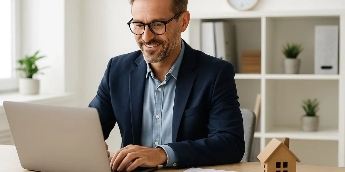 A confident real estate agent works at his desk on a laptop in a bright office, representing professionalism, focus, and success in real estate.
