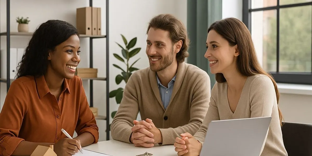 Real estate agent discussing home listings with clients symbolizing strong client relationships in real estate.
