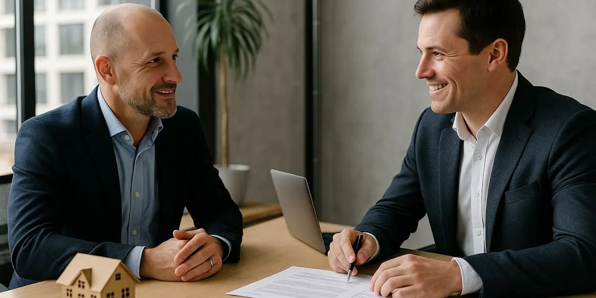 Two real estate professionals meeting in a bright modern office, reviewing property documents and discussing home details.